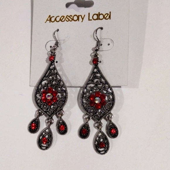 Red Crystal Drop Dangle Earrings – Filigree Fringe Design, Gold Women's Jewelry - Picture 4 of 10